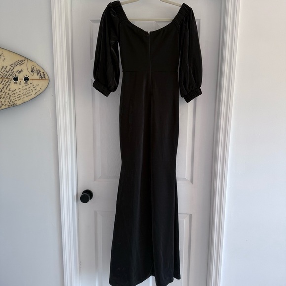 SYMPHONY Black Silvery Off The Shoulder Puff Sleeve Evening Gown Front Slit S - Picture 6 of 11